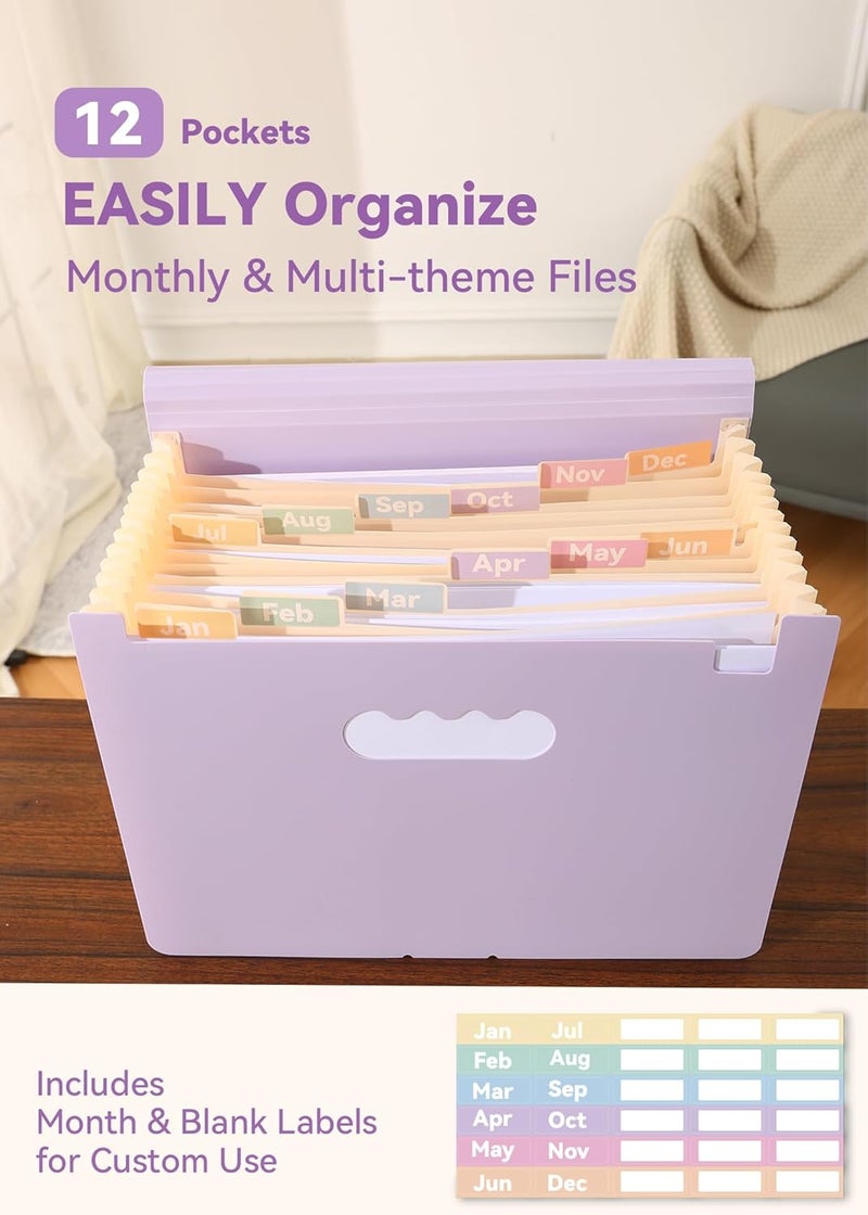 SortRax Accordion File Organizer 12 Pockets, Monthly Bill Receipt Tax Organizer, Expanding File Folders with Larger Bright Tabs, Fits Letter/A4 Size - Black - Purple - Image 2